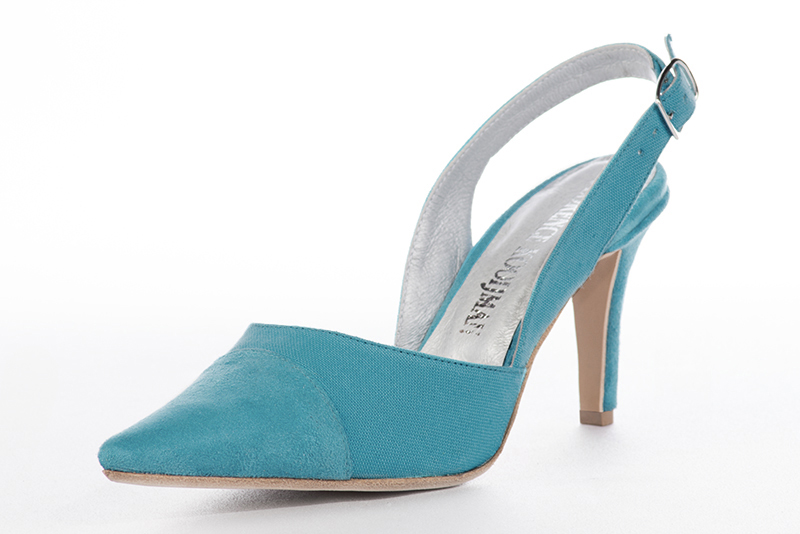 Turquoise blue women's slingback shoes. Pointed toe. High slim heel. Front view - Florence KOOIJMAN